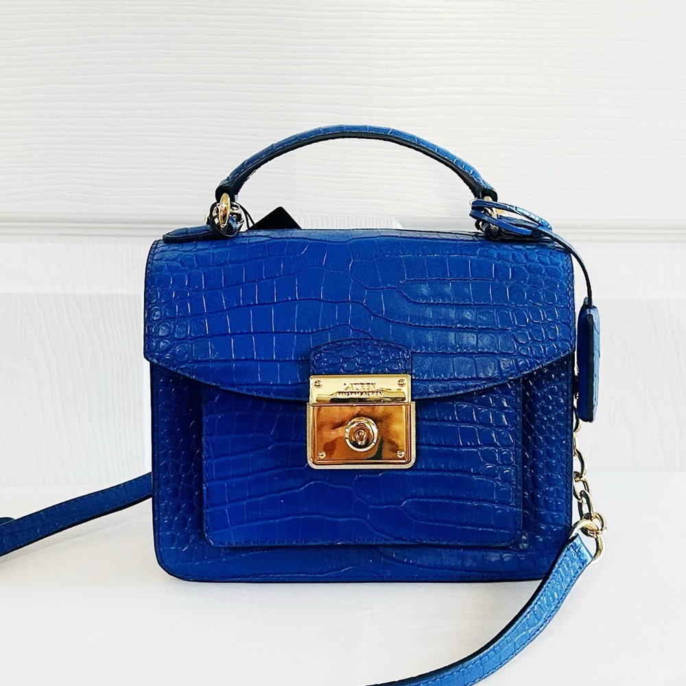 Lauren Ralph Lauren Blue Croc-Embossed Leather Top-Handle Bag with Gold Lock